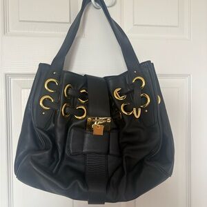 Jimmy Choo Ramona Calfskin Black Shoulder Bag with Gold Details